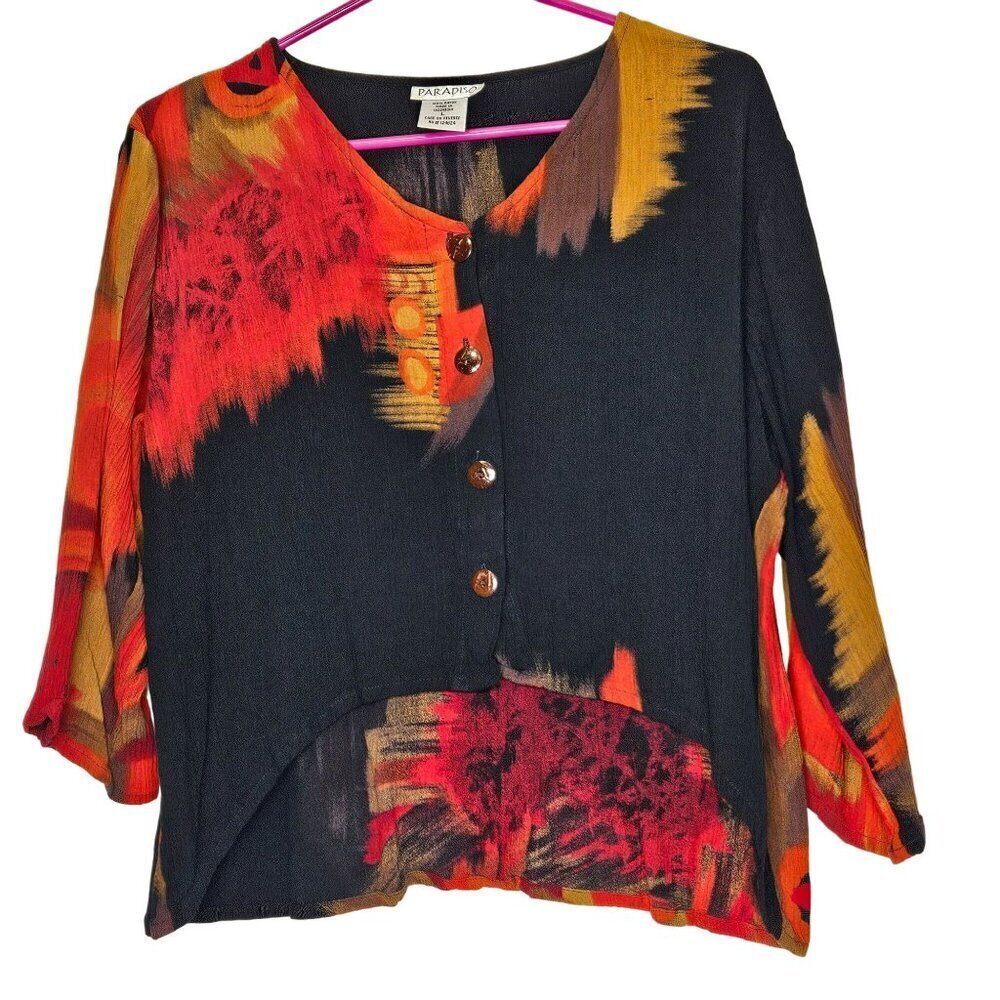 Paradiso Large Button-Down Cropped Blouse Abstract Pattern Crepe High‎ Low Hem
